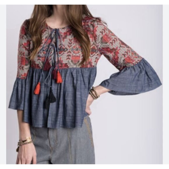Aztec Shacket Crop Jacket Ivy Jane Denim Tassel Tie Front Bell Sleeve XS - Picture 1 of 9